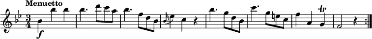 \relative c'' {
\version "2.18.2"
\key bes \major
\time 3/4
\tempo "Menuetto"
bes4\f bes' bes
bes4. d8 c a
bes4. f8 d bes
\grace bes16 (ees4) c r4
bes'4. g8 d bes
c'4. g8 e c
f4 a, g \trill
f2 r4 \bar ":|."
}
