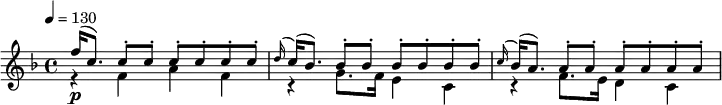 \new Staff <<
\new Voice \relative c'' {
\key f \major
\tempo 4 = 130
\voiceOne
f16(\p c8.) \repeat unfold 6 { c8-. } |
\appoggiatura d16 c( bes8.) \repeat unfold 6 { bes8-. } |
\appoggiatura c16 bes( a8.) \repeat unfold 6 { a8-. } |
}
\new Voice \relative c' {
\voiceTwo
r4 f a f |
r4 g8. f16 e4 c |
r4 f8. e16 d4 c |
}
>>