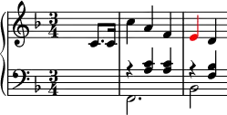 \header {tagline = ##f}
upper = \relative c' {
\clef treble
\key f \major
\time 3/4
\tempo 4 = 92
s2 c8. c16 c'4 a f \tweak NoteHead.color #red \tweak Stem.color #red e d }
lower = \relative c' {
\clef bass
\key f \major
\time 3/4
<<
{
\voiceOne
s2. r4 <a c> <a c> r <f bes>
}
\new Voice {
\voiceTwo
s2. f, bes2
}
>>
}
\score {
\new PianoStaff <<
\new Staff = "upper" \upper
\new Staff = "lower" \lower
>>
\layout {
\context {
\Score
\remove "Metronome_mark_engraver"
}
}
\midi { }
}