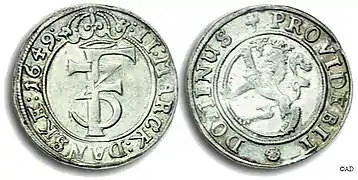 Norwegische 2-Mark-Münze von 1649