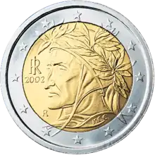 Porträt Dante Alighieris von Raffael auf der italienischen 2-Euro-Münze