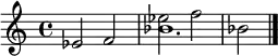 \relative c' { \set Staff.midiInstrument = #"Glockenspiel" es2 f << \voiceOne { es'2 f bes, } \voiceTwo { bes1. } >> \bar "|." }
