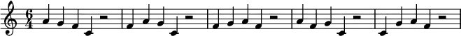 {\set Staff.midiInstrument = #"Tubular Bells" \time 6/4 a'4 g' f' c' r2 f'4 a' g' c' r2 f'4 g' a' f' r2 a'4 f' g' c' r2 c'4 g' a' f' r2}