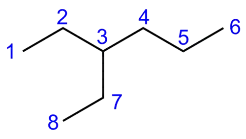 3-Ethylhexan mit nummerierten Atomen