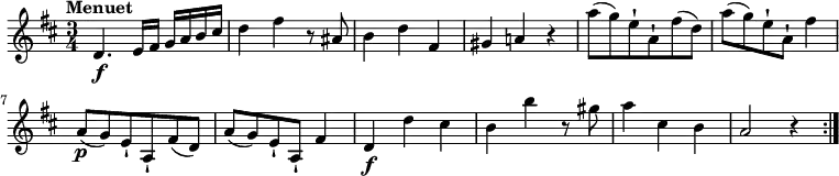 \relative c' {
\version "2.18.2"
\clef "treble"
\tempo "Menuet"
\key d \major
\time 3/4
d4. \f e16 fis g a b cis
d4 fis4 r8 ais,8
b4 d fis,
gis a! r4
a'8 (g) e-! a,-! fis' (d)
a'8 (g) e-! a,-! fis'4
a,8\p (g) e-! a,-! fis' (d)
a'8 (g) e-! a,-! fis'4
d4\f d' cis
b b' r8 gis8
a4 cis, b
a2 r4 \bar ":|."
}