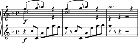 {
\new PianoStaff <<
\new Staff \relative e'' {
\set Staff.midiInstrument = #"flute" \key f \major \clef treble \time 4/4 \set Score.tempoHideNote = ##t \tempo 4 = 120
<<
{
\voiceOne \stemDown c2. \f r4 | % 2
c2. r4 | % 3
a'2. r4
}
\new Voice {
\voiceTwo \stemUp f4. ^( g8 a4 ) r4 | % 2
f4. ^( g8 a4 ) r4 | % 3
r4 r4 r2
}
>> \oneVoice
}
\new Staff \relative c'' {
\set Staff.midiInstrument = #"string ensemble 1" \key f \major \clef treble \time 4/4
r4 \f c8 c,8 a'8 f'8 a8 g8 | % 2
f8 r8 c8 c,8 a'8 f'8 a8 bes8 | % 3
a8 r8 r4 r2
}
>>
}