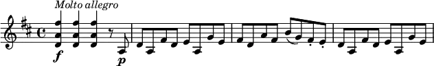 \relative c' {
\version "2.18.2"
\key d \major
<d a' fis'>4\f^\markup { \italic { Molto allegro} } q q r8 a\p |
d8 a fis' d e a, g' e |
fis8 d a' fis b( g) fis-. e-. |
d8 a fis' d e a, g' e |
}