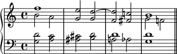 \version "2.14.2"
\header {tagline = ##f}
upper = \relative c'' {
\clef treble
\key c \major
\time 4/4
\tempo 2 = 80
<<
{
\voiceOne
f1 <g, e'>2 <g d'> ~ <f d'> <fis c'!> b1 \bar "||" }
\new Voice {
\voiceTwo
b2 a s1 s g2 f! }
>>
}
lower = \relative c {
\clef bass
<<
{
\voiceOne
s1 s d' }
\new Voice {
\voiceTwo
<g, d'>2 <a c> <ais cis> <b d> ~ a! as <g d'>1 }
>>
}
\score {
\new PianoStaff <<
\new Staff = "upper" \upper
\new Staff = "lower" \lower
\new FiguredBass {\figuremode
{ }
}
>>
\layout {
\context {
\Score
\remove "Metronome_mark_engraver"
}
}
\midi { }
}