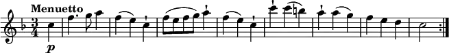 \relative c' {
\version "2.18.2"
\key f \major
\tempo "Menuetto"
\time 3/4
\tempo 4 = 120
\partial 4 c'4 \p
f4. g8 a4
f (e) c-!
f8 (e f g) a4-!
f (e) c-!
c'-! c (b)
a-! a (g)
f e d
c2 \bar ":|."
}
