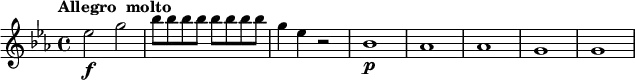 \relative c'' {
\version "2.18.2"
\key es \major
\tempo "Allegro molto"
\tempo 4 = 150
es2\f g |
\repeat unfold 8 { bes8 } |
g4 es r2 |
bes1\p | as | as | g | g |
}