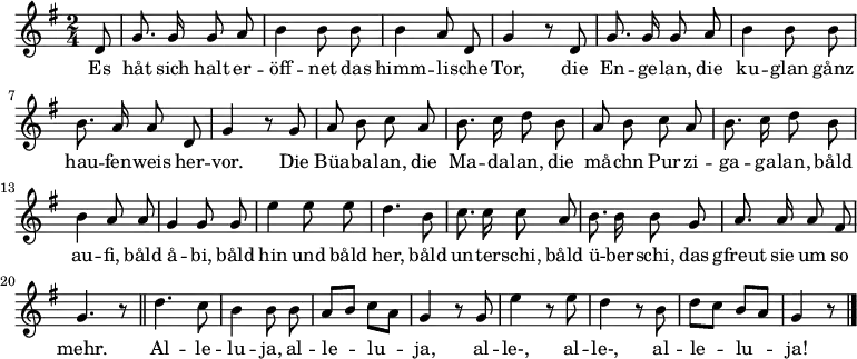 \relative g'
{ \key g \major \time 2/4 \partial 8 \autoBeamOff
d8 | g8. g16 g8 a | b4 b8 b | b4 a8 d, | g4 r8
d8 | g8. g16 g8 a | b4 b8 b | b8. a16 a8 d, | g4 r8
g | a b c a | b8. c16 d8 b | a b c a | b8. c16 d8 b |
b4 a8 a | g4 g8 g | e'4 e8 e | d4. b8 | c8. c16 c8 a | b8. b16 b8 g | a8. a16 a8 fis | g4. r8 \bar "||"
d'4. c8 | b4 b8 b | a[ b] c[ a] | g4 r8 g | e'4 r8 e8 | d4 r8 b | d[ c] b[ a] | g4 r8 \bar "|." }
\addlyrics {
Es håt sich halt er -- öff -- net das himm -- li -- sche Tor,
die En -- ge -- lan, die ku -- glan gånz hau -- fen -- weis her -- vor.
Die Büa -- ba -- lan, die Ma -- da -- lan, die må -- chn Pur -- zi -- ga -- ga -- lan,
båld au -- fi, båld å -- bi, båld hin und båld her,
båld un -- ter -- schi, båld ü -- ber -- schi, das gfreut sie um so mehr.
Al -- le -- lu -- ja, al -- le -- lu -- ja, al -- le-, al -- le-, al -- le -- lu -- ja!
}