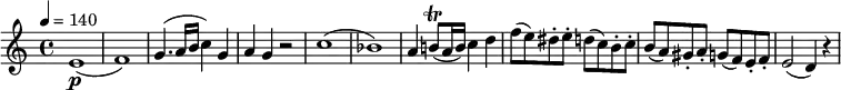 \relative c'' {
\version "2.18.2"
\key c \major
\time 4/4
\tempo 4 = 140
\tempo "Allegro spiritoso"
e,1\p ( f )
g4. (a16 b c4) g
a g r2
c1 (bes)
a4 b!8\trill (a16 b) c4 d
f8 (e) dis-. e-. d (c) b-. c-.
b (a) gis-. a-. g (f) e-. f-.
e2 (d4) r4
}