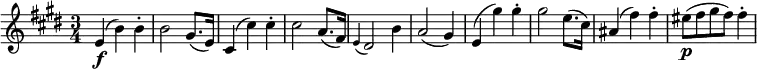 { \relative e' { \key e \major \time 3/4
e4( \f b') b-. | b2 gis8.( e16) | cis4( cis') cis-. | cis2 a8.( fis16) | \appoggiatura e4 dis2 b'4 | a2( gis4) |
e4( gis') gis-. | gis2 e8.( cis16) | ais4( fis') fis-. | eis8( \p fis gis fis) fis4-. }}