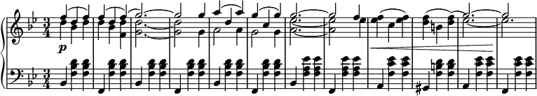 \relative c' {
\new PianoStaff <<
\new Staff { \key g \minor \time 3/4
\set Score.tempoHideNote = ##t
\tempo "" 2. = 64
<<
{
f'( d f) f( d f)( g2.~) g2 g4 a( d, a') g( c, g') g2.~ g2 f4 s\< s s s s s g2.~ g2\!
}
\\
{
d4 bes d d bes <d f,> <g, d'>2.~ <g d'>2 g4 a2 a4 g2 g4 <a ees'>2.~ <a ees'>2 ees'4 <ees f>^( c <ees f>) <d f>^( b <d f>)^( ees2.~) ees
}
>>
}
\new Dynamics {
s\p
}
\new Staff { \key g \minor \time 3/4 \clef bass
bes,,4 <f' bes d> <f bes d> f, <f' bes d> <f bes d> bes, <f' bes d> <f bes d> f, <f' bes d> <f bes d> bes, <f' bes d> <f bes d> f, <f' bes d> <f bes d> bes, <f' a ees'> <f a ees'> f, <f' a ees'> <f a ees'> a, <f' c' ees> <f c' ees> gis,4 <f' b d> <f b d> a, <f' c' ees> <f c' ees> f, <f' c' ees> <f c' ees>
}
>>
}