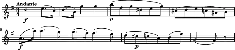 
\relative c' {
\version "2.18.2"
\key g \major
\time 3/4
\tempo "Andante"
\tempo 4 = 60
d'2\f e8. (c16)
d8. (b16) g'4 g
b8\p (fis g dis e g)
cis,8 (d e c ais b)
a8.\f (a'16) a4. (g8)
g8. (fis16) fis4. (e8)
d (cis\p c a) b (e)
g,2 (fis8) r8
}

