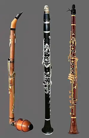 Bassettklarinette von Anton Stadler (Replica), 1. moderne Bassettklarinette von Oscar Adler 1. Hälfte des 20. Jh. (dt. System), frz. Bassettklarinette