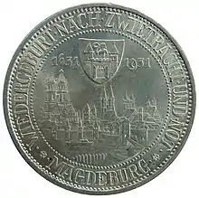 300. Jahrestag des Brandes Magdeburgs. Gedenkmünze zu 3 RM von 1931.