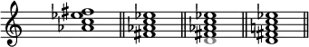 \new Staff {
\override Staff.TimeSignature.transparent = ##t
\relative c'' { \clef treble <as c es fis>1 \bar "||" <fis as c es> \bar "||" <\tweak NoteHead.color #grey d fis as c es> \bar "||" <d fis a! c es> \bar "||" }
}