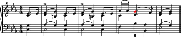 \version "2.14.2"
\header {
tagline = ##f
}
upper = \relative c' {
\key c \minor
\time 3/4
\tempo 8 = 88
<<
{
\voiceOne
\partial 4 <c es>8. es16 <d f>4->( <b g'>) es8. es16 <d f>4->( <b g'>) es8. es16 as8^.( as^.) <d, \tweak color #red g>4.( f8) <d f>4( <es g>) \bar "||"
}
\new Voice {
\voiceTwo
s2. c4 s2 c4 c
}
>>
}
lower = \relative c {
\clef bass
\key c \minor
<<
{
\voiceOne
s4 as'( g) g as( g) g s2. as4( g) \bar "||"
}
\new Voice {
\voiceTwo
<c, g'>4 c2 c4 c2 c4 f bes <bes, as'> es2
}
>>
}
\score {
\new PianoStaff <<
\new Staff = "upper" \upper
\new Staff = "lower" \lower
\figures { <_>1 <_>1 <6>
}
>>
\layout {
\context {
\Score
\remove "Metronome_mark_engraver"
}
}
\midi { }
}