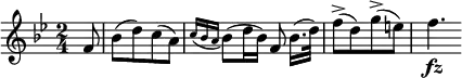  \relative f' {
\key bes \major \time 2/4
\partial 8 f8 | bes8([ d) c( a)]
\appoggiatura { c16 bes a } bes8( d16 bes) f8 bes16.([ d32)]
f8->([ d) g->( e)] | f4. \fz
} 