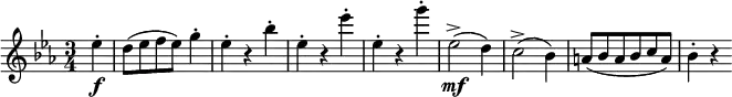 \relative es'' {
\key es \major \time 3/4
\partial 4 es4-. \f
d8( es f es) g4-. | es4-. r bes'-. | es,-. r es'-. | es,-. r g'-.
es,2->( \mf d4) | c2->( bes4) | a8( bes a bes c a) | bes4-. r
}
