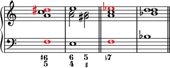 \new PianoStaff <<
\new Staff {
\override Staff.TimeSignature.transparent = ##t
\new Voice = "right" { \transpose c a
\relative c' { \clef treble <c es \tweak NoteHead.color #red \tweak Accidental.color #red fis>1 << { \voiceOne g' } \new Voice { \voiceTwo <c, es>2 <b d> } >> \oneVoice <>1 \bar "||" <c es \tweak NoteHead.color #red \tweak Accidental.color #red ges>1 << { \voiceOne f } \new Voice { \voiceTwo <f des> } >> \bar "||" }
}
}
\new Staff {
\override Staff.TimeSignature.transparent = ##t
\new Voice = "left" { \transpose c a
\relative c { \clef "bass" \tweak NoteHead.color #red \tweak Accidental.color #red as1 g \tweak NoteHead.color #red \tweak Accidental.color #red as des }
}
}
\new FiguredBass {
\figuremode { <6+ 5>1 <6 4>2 <5 _+> <7->}
}
>>