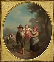 Das ovale Gemälde zeigt einen Jungen und ein Mädchen, die ein Kleinkind zwischen sich in die Luft heben. Im Hintergrund ist noch eine weitere Spielszene zu erkennen. Drei Kinder stehen um einen Bollerwagen und wollen gerade ein kleines Kind herausheben.