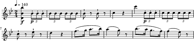 \relative c'' {
\version "2.18.2"
\key bes \major
\time 2/4
\tempo 4 = 140
\tempo "Allegro assai"
<d, bes' bes'>4 \f \tuplet 3/2 {bes'8-.\p bes-. bes-. }
\tuplet 3/2 {bes bes bes} \tuplet 3/2 {bes bes bes}
bes8-! r8 bes8-! r8
c4 r4
c' \tuplet 3/2 {c,8-.\p c-. c-. }
\tuplet 3/2 {c c c} \tuplet 3/2 {c c c}
c8-! r8 ees-! r8
d4 r4
f8. (g16 a8. bes16)
a4 (g8) r8
bes8. (a16 g8. f16)
f4 (ees8) r8
}