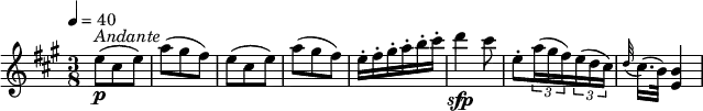 \relative c'' {
\version "2.18.2"
\key a \major
\tempo 4 = 40
\time 3/8
e8\p^ \markup { \italic Andante } (cis e) a (gis fis) e (cis e) a (gis fis)
e16-. fis-. gis-. a-. b-. cis-.
d4\sfp cis8
e,-. \tuplet 3/2 {a16 (gis fis) } \tuplet 3/2 { e (d cis) }
\appoggiatura d32 cis16. (b32) < e, b'>4
}