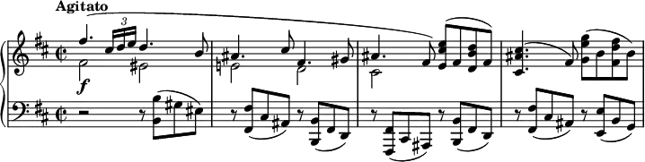 { \new PianoStaff {<<
\new Staff {<<
\relative fis'' { \key b \minor \time 2/2 \stemUp \slurUp \dotsUp \tempo "Agitato"
fis4.( _\markup{ \dynamic "f" } \times 2/3 { cis16 d e } d4. b8 ais4. cis8 fis,4. gis8 ais4. fis8) \stemNeutral <e cis' e>( fis <d b' d> fis) <cis ais' cis>4.( fis8) <g e' g>8( b <fis d' fis> b)
}
\relative fis' { \key b \minor \time 2/2 \stemDown fis2 eis e! d cis}
>>}
\new Staff {\key b \minor \time 2/2 \clef "bass" \relative b, {
r2 r8 <b b'>( gis' eis) r8 <fis, fis'>( cis' ais) r8 <b, b'>( fis' d)
r8 <fis, fis'>( cis' ais) r8 <b b'>( fis' d) r8 <fis fis'>( cis' ais) r8 <e e'>( b' g)}}
>>}}