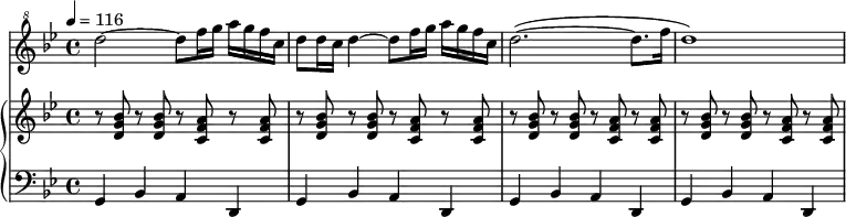 \new Score {
<<
\new Staff {
\relative c''' {
\clef "treble^8"
\key g \minor
\time 4/4
\tempo 4=116
\set Staff.midiInstrument = #"piccolo"
d2~ d8 f16 g16 a16 g16 f16 c16 d8 d16 c16 d4~ d8 f16 g16 a16 g16 f16 c16 d2.(~ d8. f16 d1)
}
}
\new PianoStaff <<
\new Staff { \clef violin \key g \minor \time 4/4
r8 <d' g' bes'>8 r8 <d' g' bes'>8 r8 <c' f' a'>8 r8 <c' f' a'>8 r8 <d' g' bes'>8 r8 <d' g' bes'>8 r8 <c' f' a'>8 r8 <c' f' a'>8r8 <d' g' bes'>8 r8 <d' g' bes'>8 r8 <c' f' a'>8 r8 <c' f' a'>8 r8 <d' g' bes'>8 r8 <d' g' bes'>8 r8 <c' f' a'>8 r8 <c' f' a'>8}
\new Staff { \clef bass \key g \minor \time 4/4
g,4 bes,4 a,4 d,4 g,4 bes,4 a,4 d,4 g,4 bes,4 a,4 d,4 g,4 bes,4 a,4 d,4 }
>>
>>
}