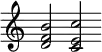 {
\new Staff \with { \remove "Time_signature_engraver" } {\cadenzaOn \clef violin \key c \major << { d'2} {f'2 } { b'2 } >> << {c'2} {e'2} {c''2} >> }
}