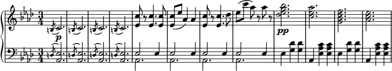 
 \relative b' {
  \new PianoStaff <<
   \new Staff { \key f \minor \time 3/4
    \set Score.tempoHideNote = ##t \tempo "" 2. = 48
        \slashedGrace b,8( c2.) \slashedGrace b8( c2.) \slashedGrace b8( c2.) \slashedGrace b8( c2.) <ees c'>8 r <ees c'>4. <ees c'>8 <ees c'>( ees' aes,4) aes <ees c'>8 r <ees c'>4. des'8 ees[( c'] aes) r aes r <des, ees g bes>2.\pp <c ees aes> <g bes des f> <aes c ees>
   }
   \new Dynamics {
    s\p
    }
   \new Staff { \key f \minor \time 3/4 \clef bass
    <<
      { \slashedGrace d,,8( <ees aes,>2.) \slashedGrace d8( <ees aes,>2.) \slashedGrace d8( <ees aes,>2.) \slashedGrace d8( <ees aes,>2.) \stemUp ees2 ees4 ees2 ees4 ees2 ees4 ees2 ees4 }
    \\
      {s2. s s s aes, aes aes aes}
    >>
{ees'4 <g des'> <g des'> aes, <ees' aes c> <ees aes c> ees4 <g des'> <g des'> aes, <ees' aes c> <ees aes c> }
      }
  >>
 }
