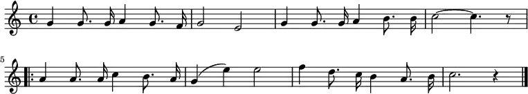\new Voice \relative c'' {
\autoBeamOff
\language "deutsch"
\tempo 4 = 120 \set Score.tempoHideNote = ##t
\new Voice \relative c'' {
\autoBeamOff
\language "deutsch"
\tempo 4 = 120 \set Score.tempoHideNote = ##t
\key c \major
g4 g8. g16 a4 g8. f16 g2 e
g4 g8. g16 a4 h8. h16 c2~ c4. r8
\repeat volta 2 {
a4 a8. a16 c4 h8. a16 g4 ( e' ) e2
f4 d8. c16 h4 a8. h16 c2. r4
}
\bar "|."
}
}