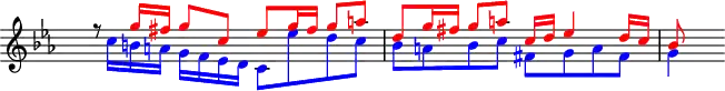 \version "2.14.2"
\header {
tagline = ##f
}
upper = \relative c''' {
\key c \minor
\override Staff.TimeSignature.transparent = ##t
\tempo 4 = 88
<<
{
\voiceOne
r8 \override NoteHead.color = #red \override Stem.color = #red \override Beam.color = #red \override Accidental.color = #red g16 fis g8 c, es g16 fis g8 a d, g16 fis g8 a c,16 d es4 d16 c bes8
}
\new Voice {
\voiceTwo
s16 \override NoteHead.color = #blue \override Stem.color = #blue \override Beam.color = #blue \override Accidental.color = #blue c b a g f es d c8 es' d c bes a bes c fis, g a fis g4
}
>>
}
\score {
\new Staff = "upper" \upper
\layout {
\context {
\Score
\remove "Metronome_mark_engraver"
}
}
\midi { }
}