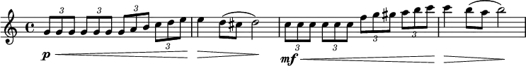{
\new PianoStaff <<
\new Staff \relative g' {
\set Staff.midiInstrument = #"string ensemble 1" \key c \major \clef treble \time 4/4 \set Score.tempoHideNote = ##t \tempo 4 = 150
\once \override TupletBracket #'stencil = ##f
\times 2/3 {
g8 \p \< g8 g8
}
\once \override TupletBracket #'stencil = ##f
\times 2/3 {
g8 g8 g8
}
\once \override TupletBracket #'stencil = ##f
\times 2/3 {
g8 a8 b8
}
\once \override TupletBracket #'stencil = ##f
\times 2/3 {
c8 d8 e8
}
| % 2
e4 \! \> d8 ( cis8 d2 \! ) | % 3
\once \override TupletBracket #'stencil = ##f
\times 2/3 {
c8 \mf \< c8 c8
}
\once \override TupletBracket #'stencil = ##f
\times 2/3 {
c8 c8 c8
}
\once \override TupletBracket #'stencil = ##f
\times 2/3 {
f8 g8 gis8
}
\once \override TupletBracket #'stencil = ##f
\times 2/3 {
a8 b8 c8
}
| % 4
c4 \! \> b8 ( a8 b2 \! )
}
>>
}