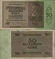 50 Bio. Mark(50.000.000.000.000 Mark)10. Februar 1924 – (Wert 50 Rentenmark – Wechselkurs 15.&nbsp;November 1923)