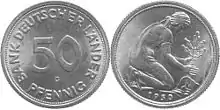 Fehlerhafte Umschrift von 1950 aus Karlsruhe (regulär bis 1949), siehe Deutsche Mark