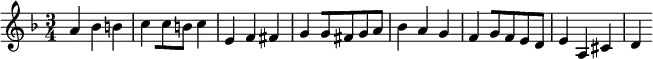 
\relative c''
{
\key d \minor
\time 3/4
a bes b c [c8 b] c4 e, f fis g [g8 fis g a] bes4 a g f [g8 f e d] e4 a, cis d
}
