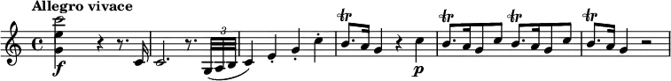 
\relative c''' {
  \tempo "Allegro vivace"
  \tempo 4 = 120
  <<
    { \stemDown c2\f } \\
    { <e, g,>4 s }
  >>
  r4 r8. c,16 |
  c2. r8. \times 2/3 { g32( a b } |
  c4) e-. g-. c-. |
  b8.\trill a16 g4 r c\p |
  \repeat unfold 2 { b8.[\trill a16 g8 c] } |
  b8.\trill a16 g4 r2
}
