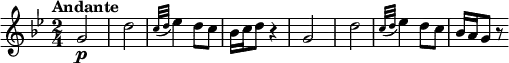 \relative c'' {
\version "2.18.2"
\key bes \major
\tempo "Andante"
\time 2/4
\tempo 4 = 50
g2\p d'
\grace {c32 (d} ees4) d8 c
bes16 c d8 r4
g,2 d'
\grace {c32 (d32} ees4) d8 c8
bes16 a g8 r8
}