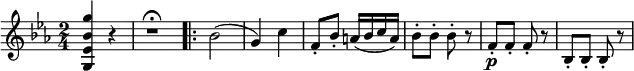 \relative g'' {
\key es \major \time 2/4
<g bes, es, g,>4 r | r1*1/2 \fermata \bar ".|:"
bes,2( | g4) c | f,8-. bes-. a16( bes c a) | bes8-. bes-. bes-. r
f8-. \p f-. f-. r | bes,8-. bes-. bes-. r
}