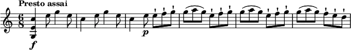 \relative c' {
\version "2.18.2"
\key c \major
\time 6/8
\tempo "Presto assai"
\tempo 4 = 160
<g e' c'>4\f e''8 g4 e8
c4 e8 g4 e8
c4 e8\p e-! f-! g-!
g (a g) e-! f-! g-!
g (a g) e-! f-! g-!
g (a g) f-! e-! d-!
}