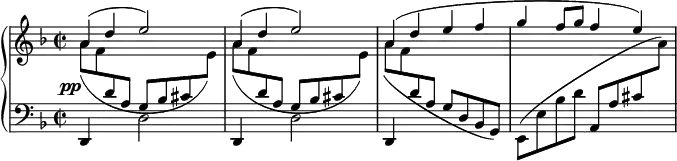 { \new PianoStaff \with {
\override StaffGrouper.staff-staff-spacing = #'((basic-distance . 11)(padding . 4))}{<<
\new Staff = "right" {<<
\relative a' { \key d \minor \time 2/2 \stemUp \slurUp \dotsUp
a4( d e2) a,4( d e2) a,4( d e f g f8 g f4 e)
}
\relative a' { \key d \minor \time 2/2 \stemDown \slurDown
\override DynamicText.extra-offset = #'(-2 . -1) a8( \pp f \change Staff = "left" \stemUp d a g bes cis \change Staff = "right" \stemDown e)
a8( f \change Staff = "left" \stemUp d a g bes cis \change Staff = "right" \stemDown e)
a( f \change Staff = "left" \stemUp d a g d bes g) \stemDown \slurUp e( e' bes' d \stemUp a, a' cis \change Staff = "right" \stemDown a')}
>>}
\new Staff = "left" {\key d \minor \time 2/2 \clef "bass" \relative d, {
d4 s d'2 d,4 s d'2 d,4
}}
>>}}