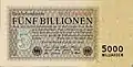 5 Bio. Mark(5.000.000.000.000 Mark)1. November 1923 (Wert ca. 50 Mark von 1914) (Wert 5 Rentenmark – Wechselkurs 15.&nbsp;November 1923)