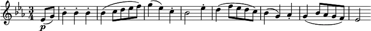 \relative c'' {
\set Score.tempoHideNote =##t
\tempo 4 = 200
\time 3/4
\key ees \major
\partial 4
ees,8\p( g)
bes4-. bes-. bes-.
bes( c8 d ees f)
g4( ees) c-.
bes2 ees4-.
d( f8 ees d c)
bes4( g) aes-.
g( bes8 aes g f)
ees2
}