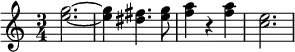 {\set Staff.midiInstrument = #"celesta" \time 3/4 <e'' g''>2.~<e'' g''>4 <dis'' fis''>4. <e'' g''>8 <f'' a''>4 r4 <f'' a''>4 <c'' e''>2.}
