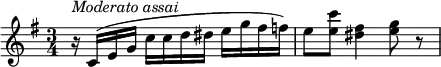 {
\clef violin \key g \major \time 3/4 \tempo 4 = 80
\set Score.tempoHideNote = ##t
r16^\markup{\italic{Moderato assai}} c'( e' g' c'' c'' d'' dis'' e'' g'' fis'' f'')
e''8 <e'' c'''>( <dis'' fis''>4 <e'' g''>8 r
}