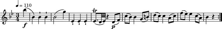 \relative c'' {
\key bes \major
\time 3/4
\tempo 4 = 110
\tempo "Menuetto"
\partial4 bes'4\f (bes,) bes-! bes-! bes2 (g'4)
ees,-! ees-! ees-!
ees8.\trill (d32 ees) r4 d8\p (f)
c' (bes) bes4 g8 (b)
d (c) c4 a8 (c)
f (ees) ees4 c8 (a)
bes4 r4 \bar ":|."
}