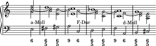 \new PianoStaff <<
<< % wegen Generalbass
\new Staff <<
\set Score.tempoHideNote = ##t
\tempo 4 = 160
\override Staff.TimeSignature.transparent = ##t
<<
\new Voice = "first"
\relative c''
{ \voiceOne s2 e d1 <c e,> bes <a c,> g \bar "" }
\new Voice = "second"
\relative c'
{ \voiceTwo s2 <c' g> ~ <c a> <b e,> ~ <b> <a> ~ <a f> <g c,> ~ <g> <f> ~ <f d> <e a,>}
>>
>>
\new Staff <<
\override Staff.TimeSignature.transparent = ##t
\clef "bass"
\relative c { s e^"a-Moll" fis gis a c,^"F-Dur" d e f a,^"d-Moll" b cis }
>>
>>
\new FiguredBass {
\figuremode { <_>2 <6> <6 5> <6 5> <9> <6> <6 5> <6 5> <9> <6> <6 5> <6 5> }
}
>> % wegen Generalbass
